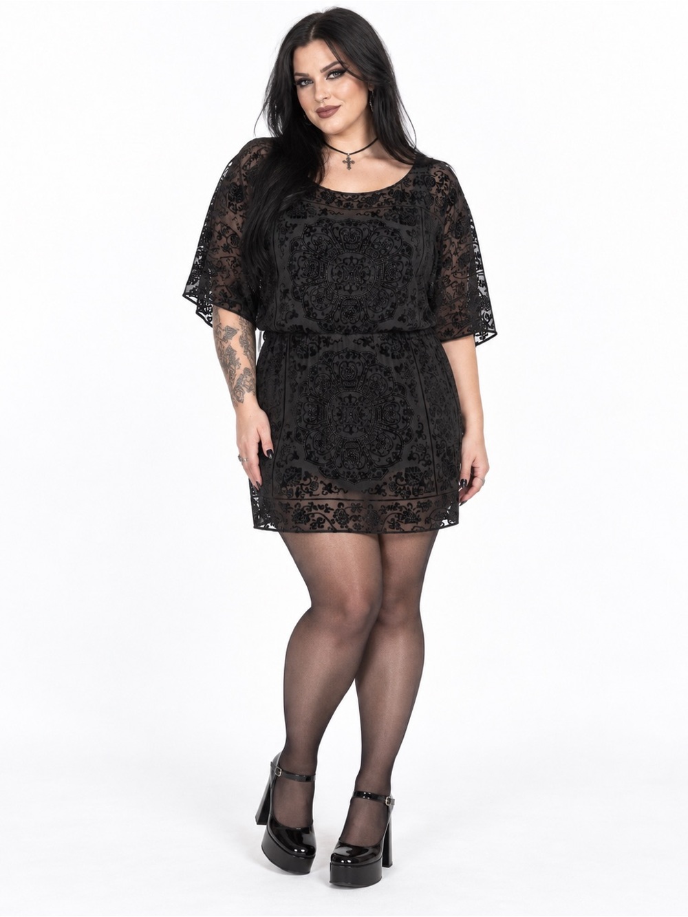 V by Cristina XL Black Velvet Flocked Dress Gothic Vampire Whimsigoth Y2K Grunge